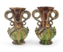 A pair of Palissy ware two handled vases, by Mafra Caldas Da Rainha, late 19th century, each