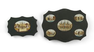 Two Italian micro-mosaic inlaid black slate paperweights, 19th century, each of serpentine