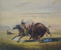 Attributed to Alfred Jacob Miller (American, 1810-1874)A Native American slaying a buffalo (American