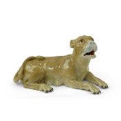 A Meissen model of a recumbent lioness, after J. J. Kandler, 19th century, underglaze blue crossed