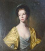 Follower of George Romney (British, 1734-1802) A portrait of a young lady with yellow drapery