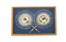 A pair of framed exotic Regency taxidermy hummingbird face fans, each with a taxidermy humming