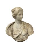 An oversized white marble bust of a classical maiden, 19th century, wearing classical drapery, 74.