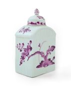 A Meissen puce painted tea caddy and cover, late 18th century, painted with Indianische Blumen,