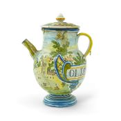 An Italian maiolica apothecary jug (brocca), 18th century, painted with buildings in a landscape,