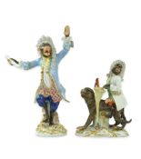 Two Meissen monkey band figures, 20th century, the first modelled as a keyboard player riding on a
