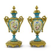 A pair of late 19th century ormolu mounted Sevres style porcelain cassolettes, ovoid bodies, bleu