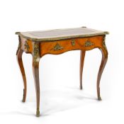A small Louis XV style gilt metal mounted rosewood and kingwood bureau plat, fitted drawer on
