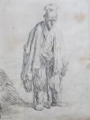 Rembrandt Van Rijn (Dutch, 1606-1669)'Beggar in a High Cap, Standing and Leaning on a Stick'(