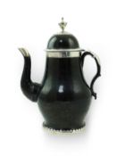 A Belgian silver mounted terre noire de Namur coffee pot, 18th century, of baluster shape with a