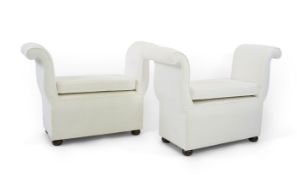 A pair Victorian style upholstered scroll end stools with cushion seats on oak flat bun feet,