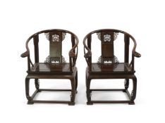 A pair of Chinese jichimu horseshoe shaped armchairs, 19th/20th century, with intricately pierced