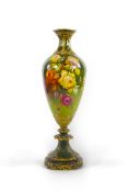 An exhibition size Continental rose painted pottery vase, late 19th/early 20th century, painted with