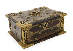 A Batavia or Ceylonese rosewood and brass mounted Betel nut box, 18th century, decorated with