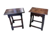 Two 17th century style rectangular oak joint stools, larger width 48cm, depth 31cm, height 53cm,