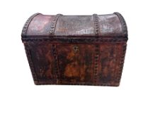 A small 18th century style studded domed top leather covered trunk with internal drawers, width