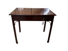 A George III mahogany serving table on chamfered square legs, width 91cm, depth 61cm, height 79cm