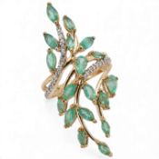 An emerald and simulant diamond cluster ring, ornate foliate design, mounted in 9ct gold, size M/N