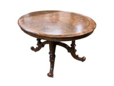A late Victorian inlaid walnut oval loo table, width 130cm, depth 100cm, height 70cm