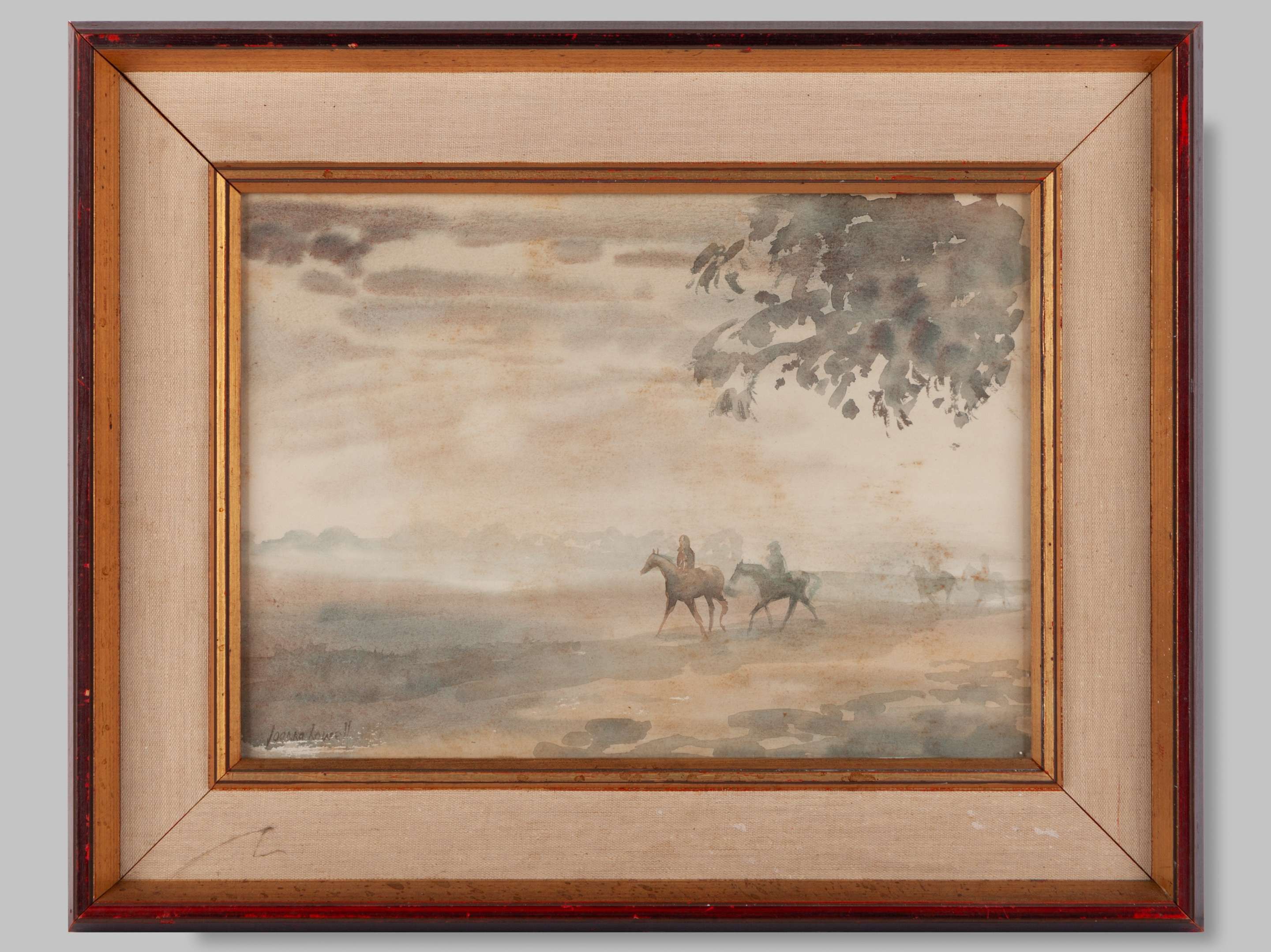 Watercolour painting of racehorses being exercised in early morning mist by Joanna Howell. - Image 2 of 3