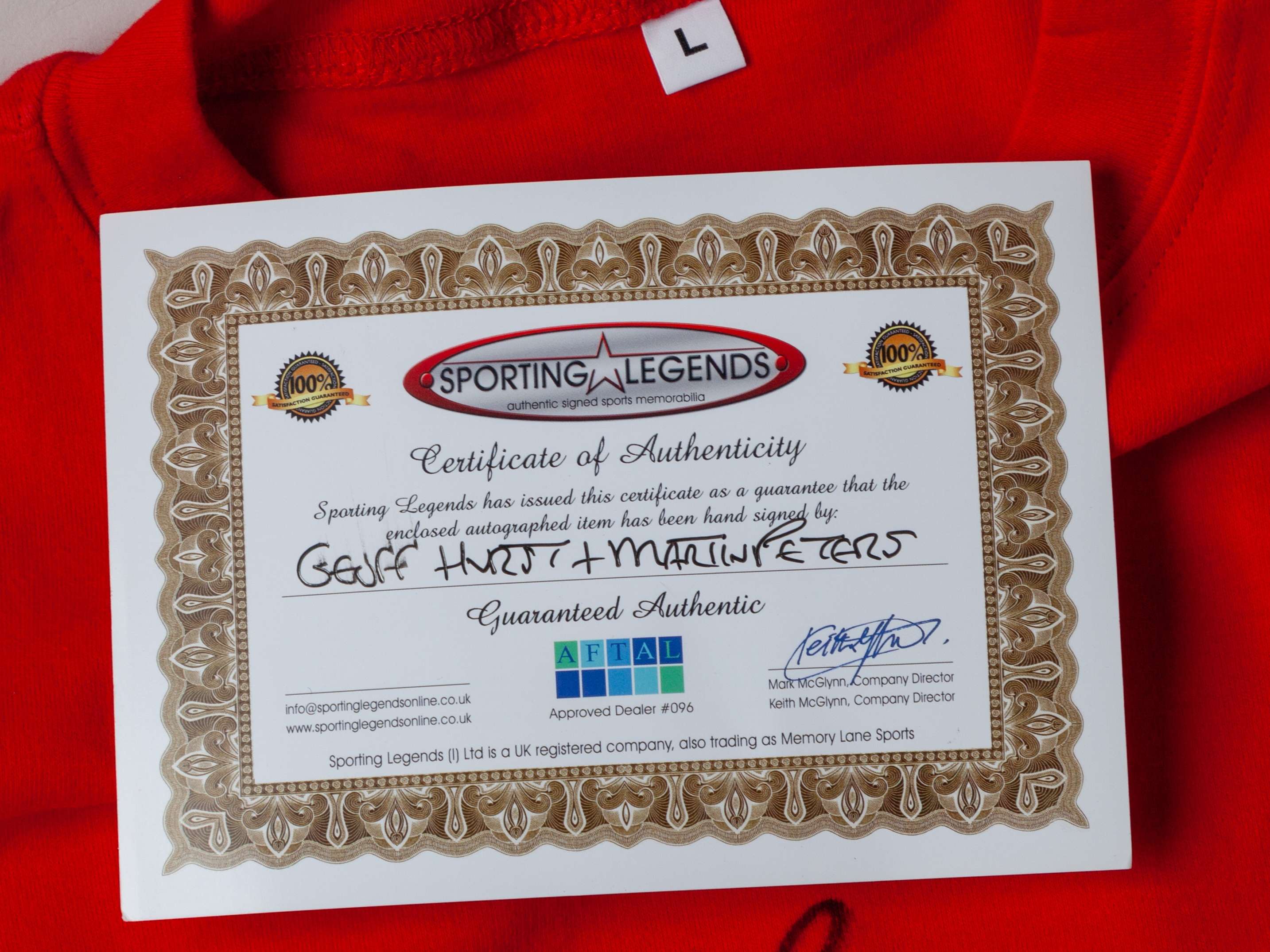 A red replica England Geoff Hurst and Martin Peters 50th Anniversary autographed shirt - Image 4 of 4