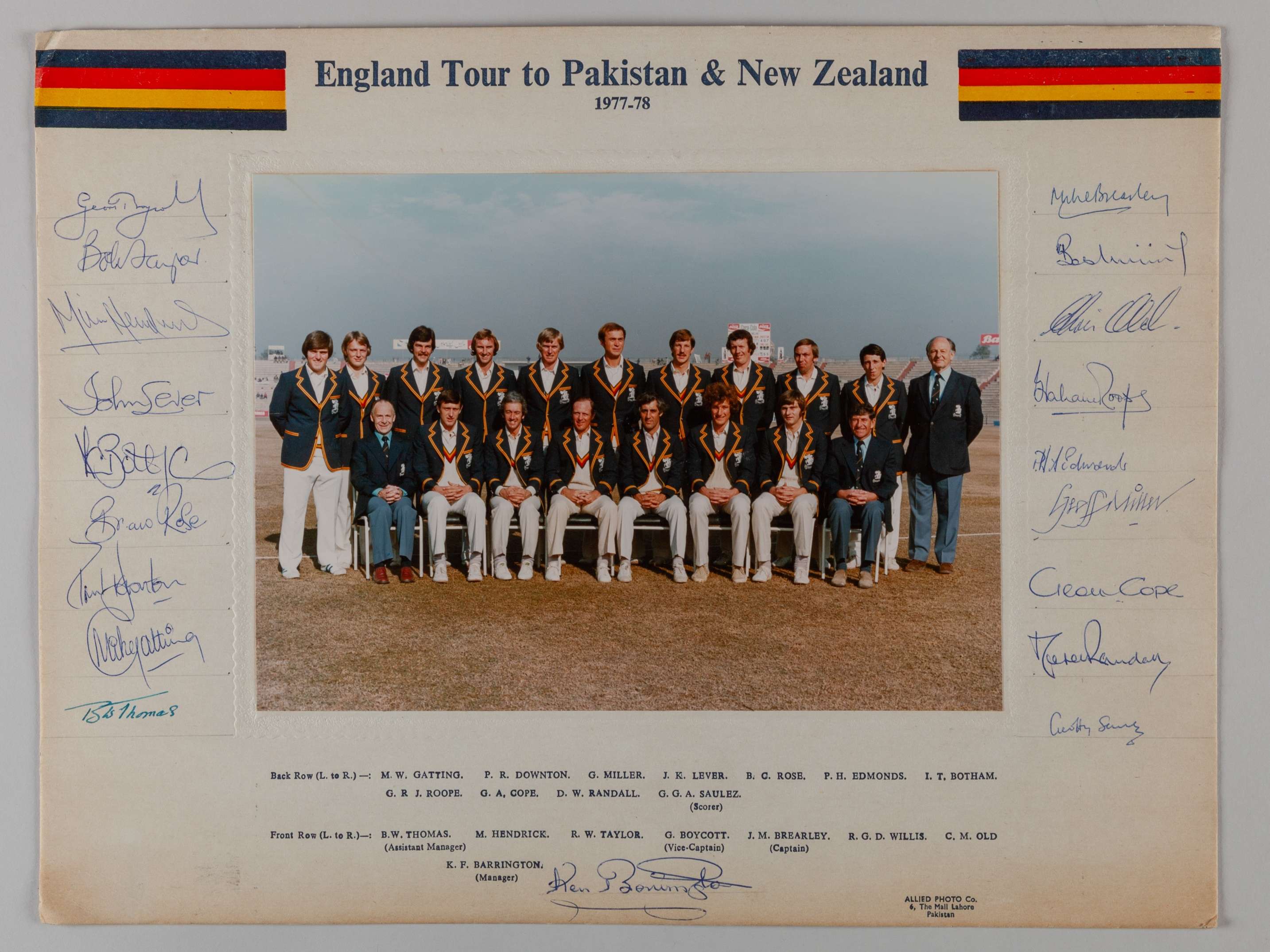 1977-78 M.C.C. Cricket Tour to Pakistan and New Zealand signed team photograph