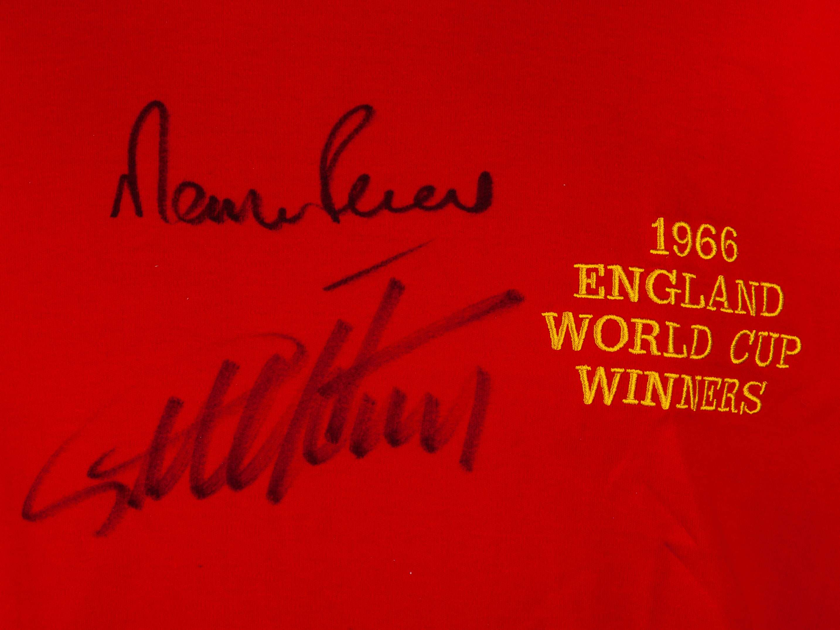 A red replica England Geoff Hurst and Martin Peters 50th Anniversary autographed shirt - Image 3 of 4