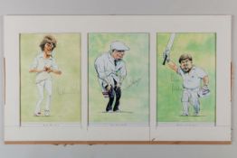 Three autographed caricatures prints Bob Willis, Dickie Bird and Mike Gatting