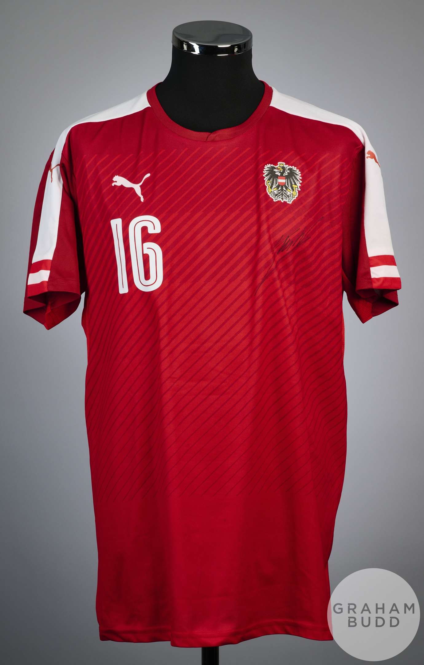 Kevin Wimmer red no.16 match issued short sleeved Austria International shirt, 2016-17