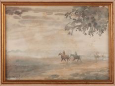 Watercolour painting of racehorses being exercised in early morning mist by Joanna Howell.