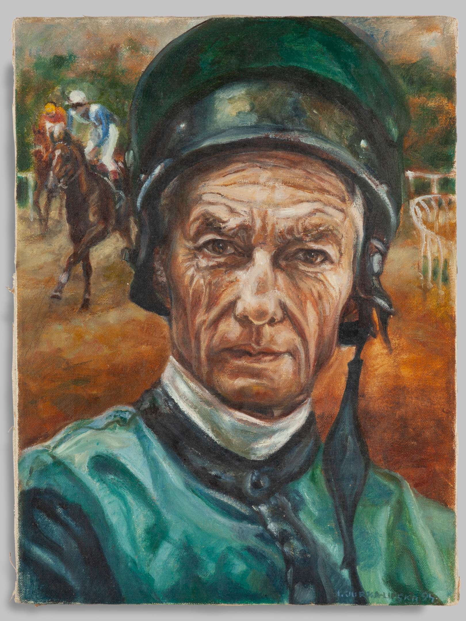 Oil painting portrait of the Jockey Lester Piggott by Ivana Jurna-Lipska.