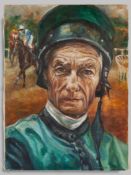 Oil painting portrait of the Jockey Lester Piggott by Ivana Jurna-Lipska.