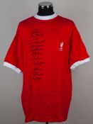 A red Liverpool replica 1965 F.A.Cup squad signed shirt&nbsp;
