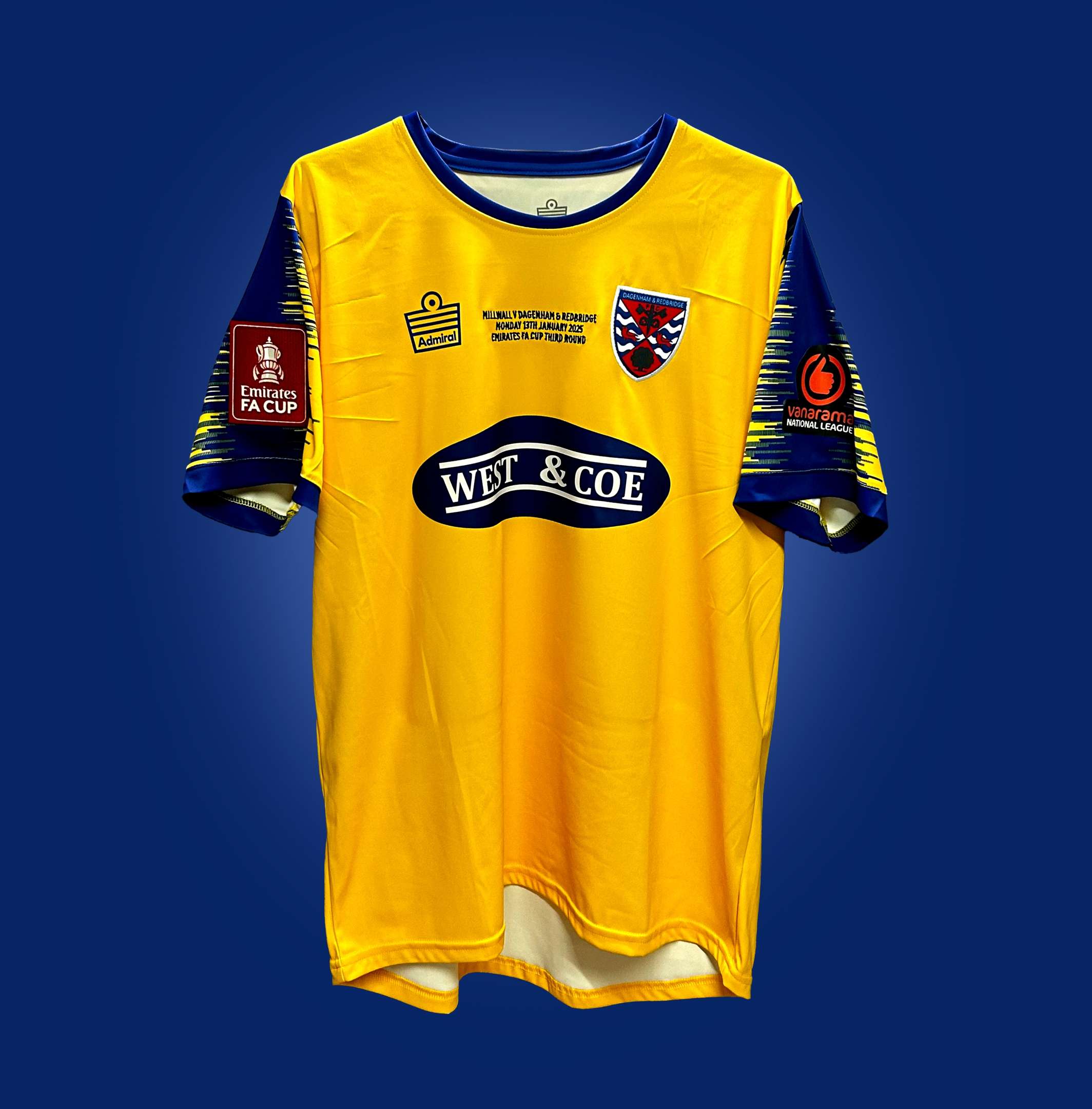 Harry Phipps yellow and blue No.6 Dagenham & Redbridge v. F.A.Cup 3rd round match worn shirt