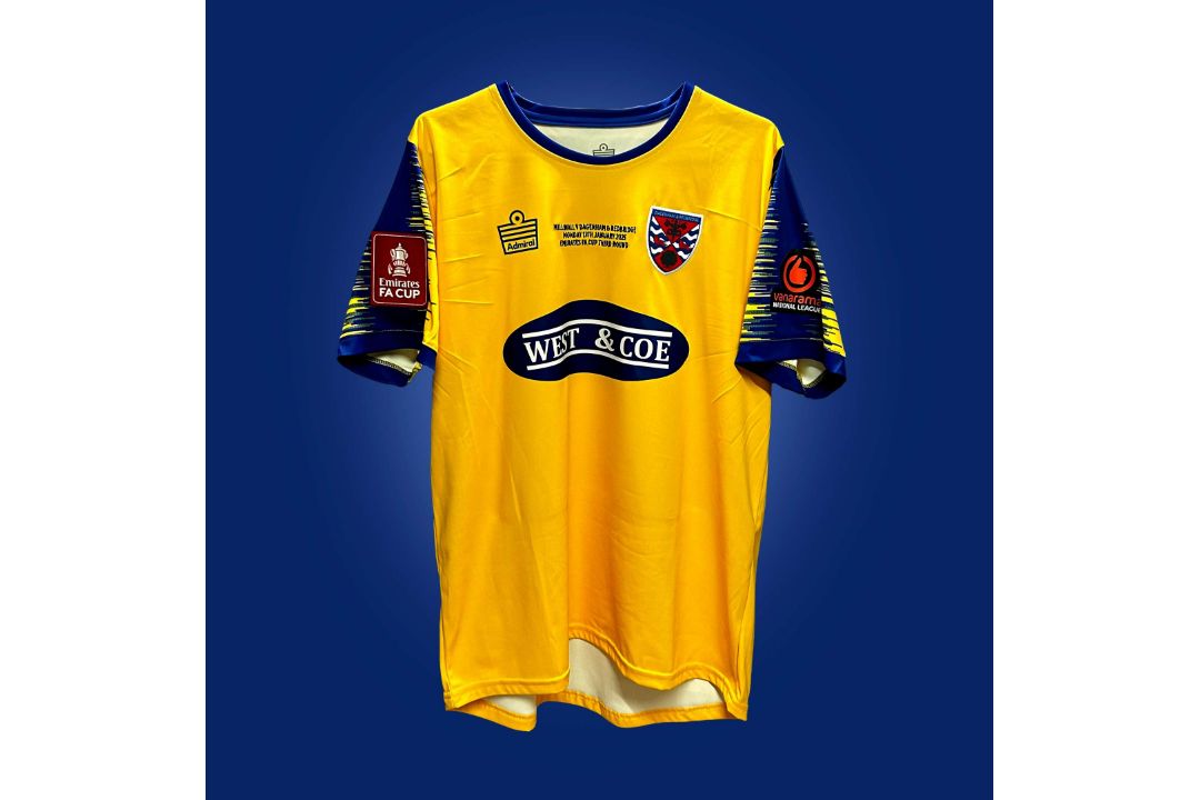 Paul Kalambayi yellow and blue No.30 Dagenham & Redbridge F.A.Cup 3rd round match worn shirt - Image 1 of 6