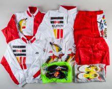 A group of Mizuno athletics clothing and equipment,