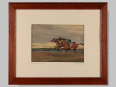 A watercolour painting by Joseph Appleyard, titled “A Gallop at Dawn, Middleham”.