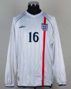 White, red and blue No.16 England long-sleeved shirt, 2001-03