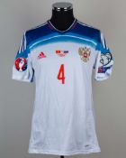Sergei Ignashevich white and blue No.4 Russia short-sleeved shirt, 2015