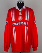 Paul Gascoigne red and white No.8 Middlesbrough long-sleeved shirt, 1998-99