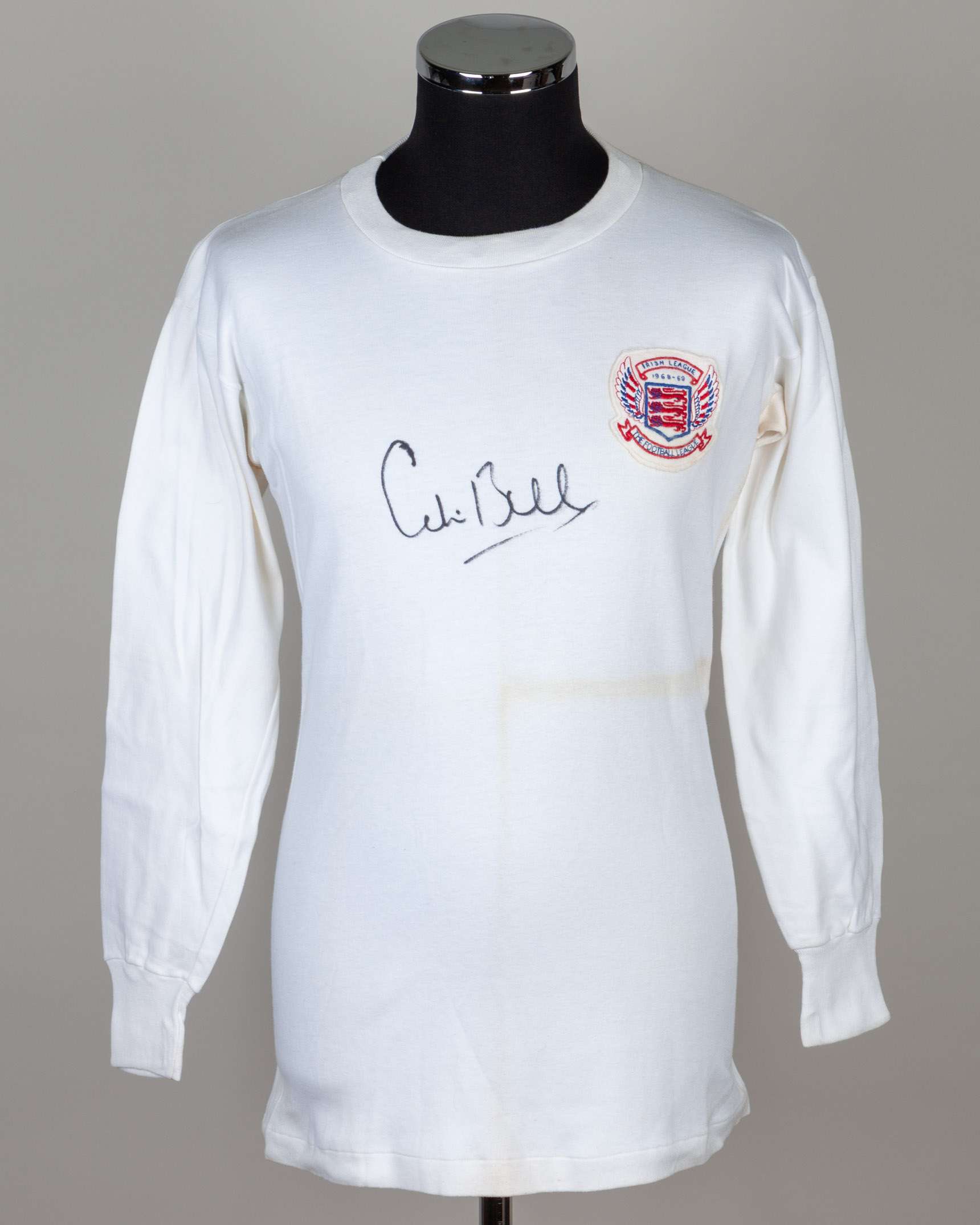 Colin Bell white No.8 Football League match worn long-sleeved shirt, 1968