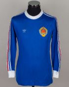 Sammy McIlroy blue No.6 Yugoslavia v. Northern Ireland match worn long-sleeved shirt, 1975