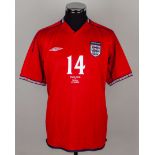 Phil Neville red and blue No.14 England short-sleeved shirt, 2002