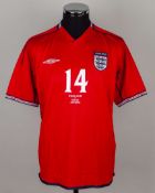 Phil Neville red and blue No.14 England short-sleeved shirt, 2002