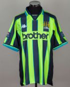 Ian Bishop yellow and navy No.14 Manchester City match issued short-sleeved shirt, 1999