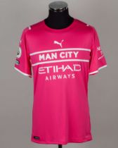 Ederson pink and white No.31 Manchester City match prepared short-sleeved shirt, 2021-22