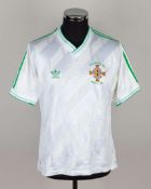 Sammy McIlroy white and green No.8 Northern Ireland v. Algeria match worn shirt, 1986