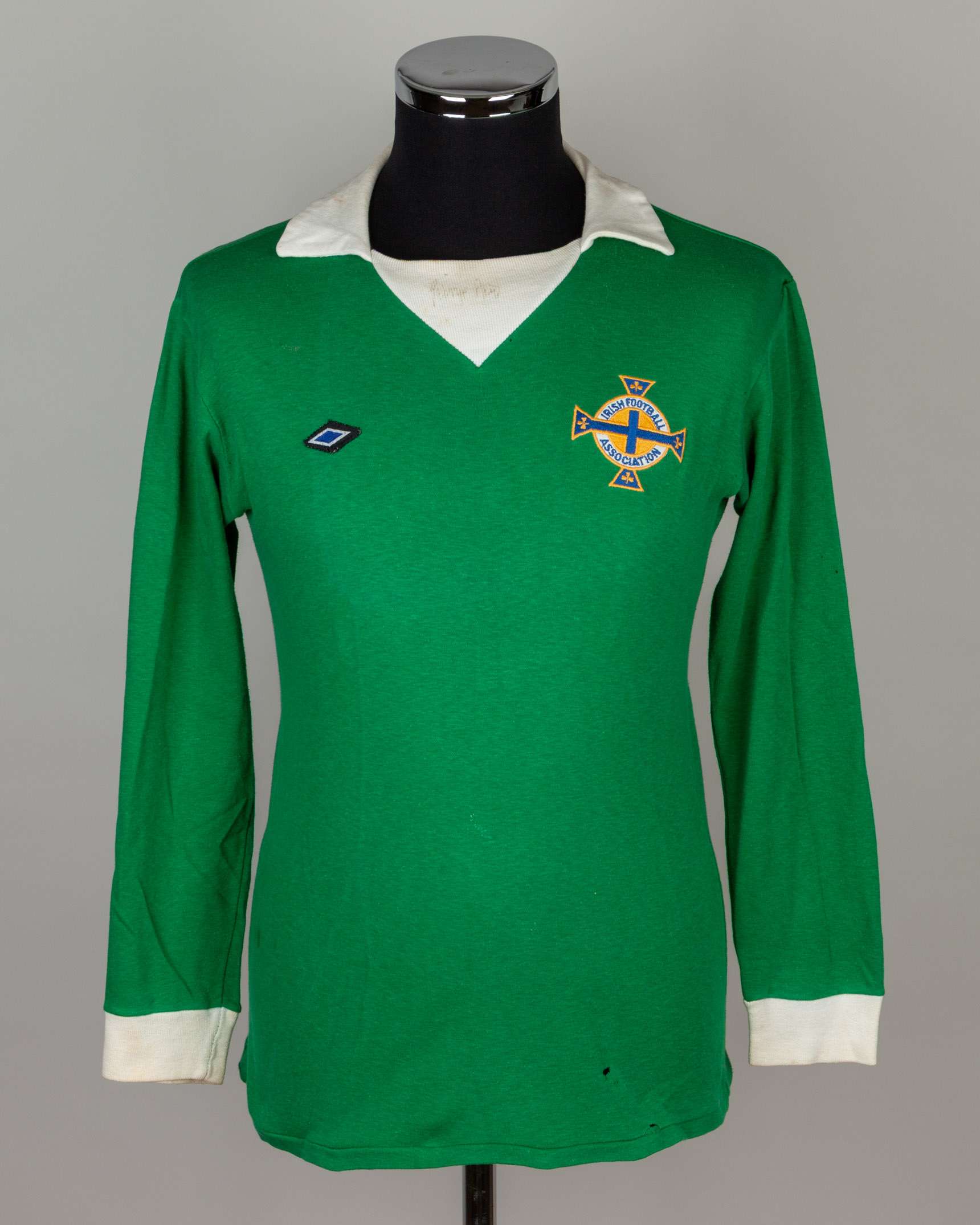George Best green and white No.11 Northern Ireland match worn long-sleeved shirt, 1976