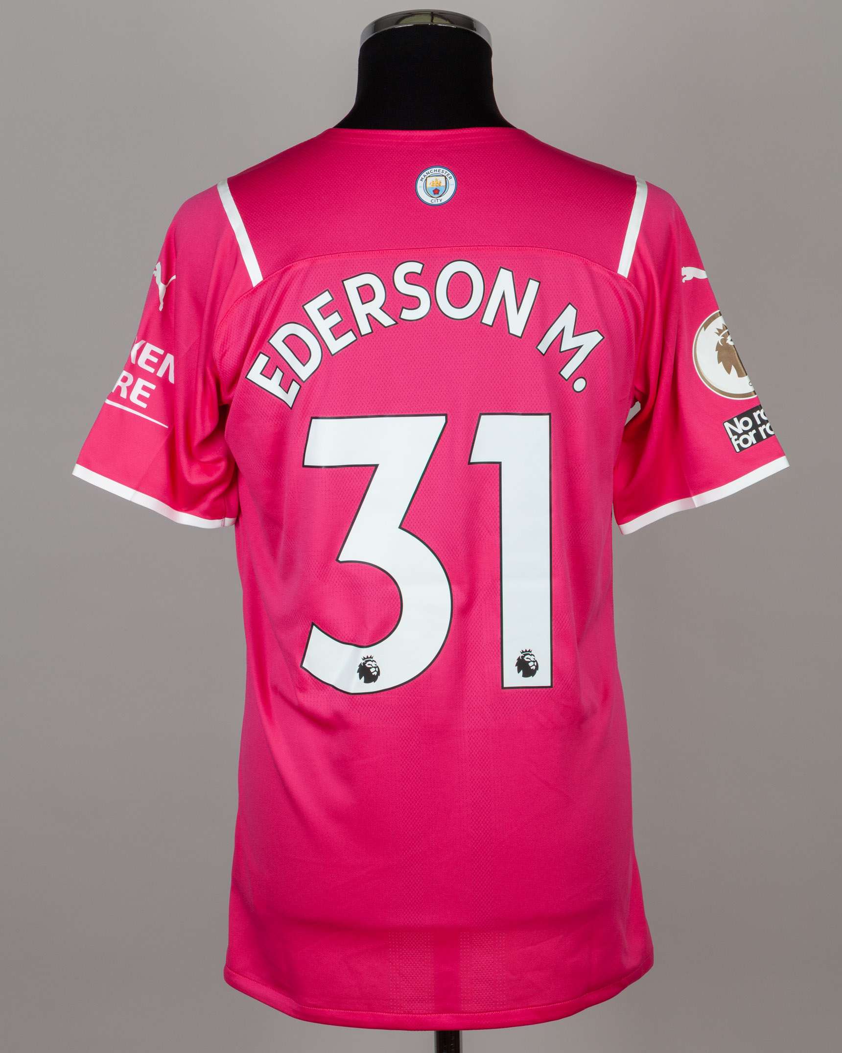Ederson pink and white No.31 Manchester City match prepared short-sleeved shirt, 2021-22 - Image 2 of 5