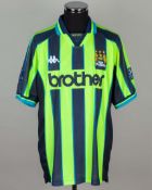 Shaun Goater yellow and blue No.10 Manchester City match worn short-sleeved shirt, 1999